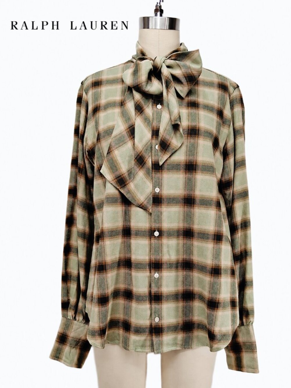 Vintage Ralph Lauren Blue Label Wool Flannel Plaid Tie Neck Blouse Shirt Sz 10
